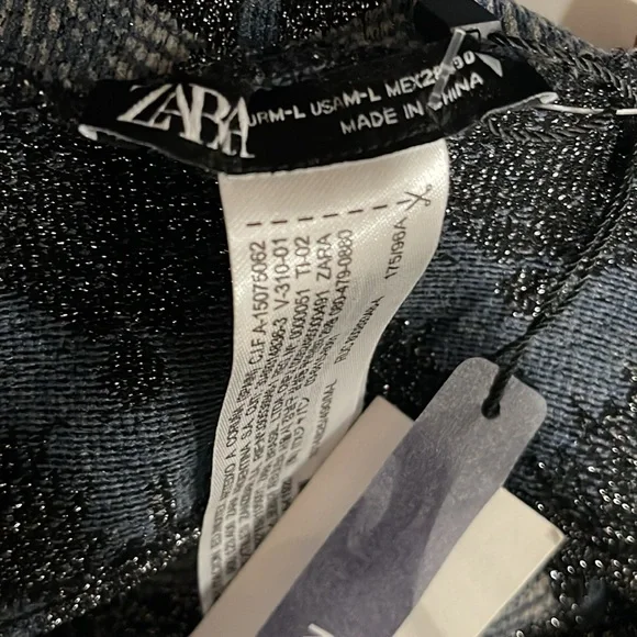 ZARA Jacquard Navy Blue Seashell Metallic High Neck Open Back Bodycon Dress M/L - Picture 6 of 6